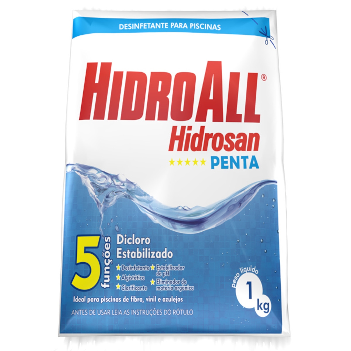 Cloro Granulado Para Piscina Hidroall Hidrosan Penta 1kg Azul Clara