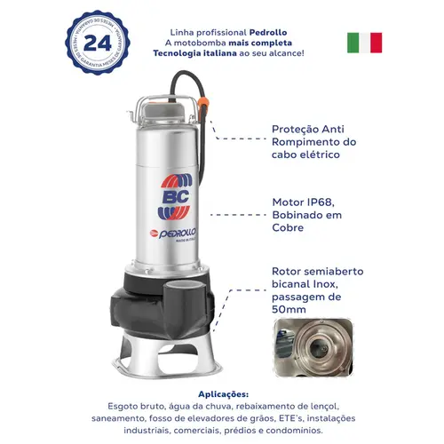 BOMBA SUBMERSIVEL PEDROLLO PARA ESGOTO BC 10/50 1,0CV TRIFASICO 220V